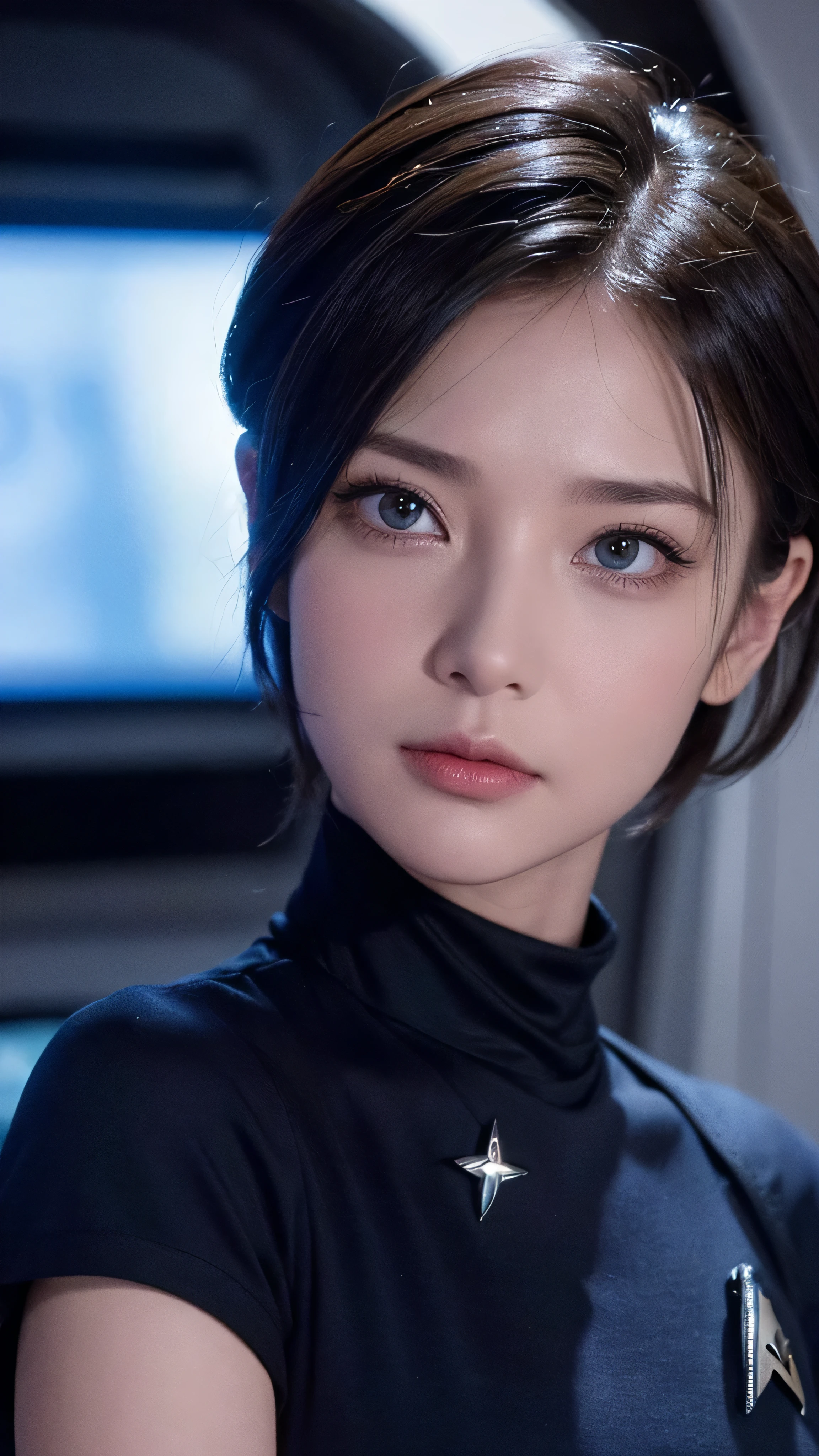  in high-definition images，Star Trek series 、 USS Enterprise onboard、Closeup of a beautiful woman with short hair in a suit 。 wearing a blue shirt and a black turtleneck t-shirt。,  Nicole man, Star Trek,  Character Portrait , Double Al Set,  Details, Award-winning ,  super real 