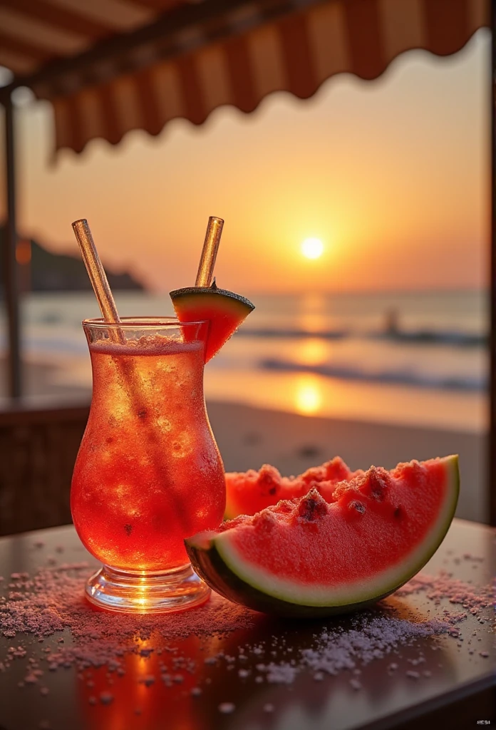 zwhfp717,Cut watermelon,next to the drink,the background is the beach,sunset,awning,