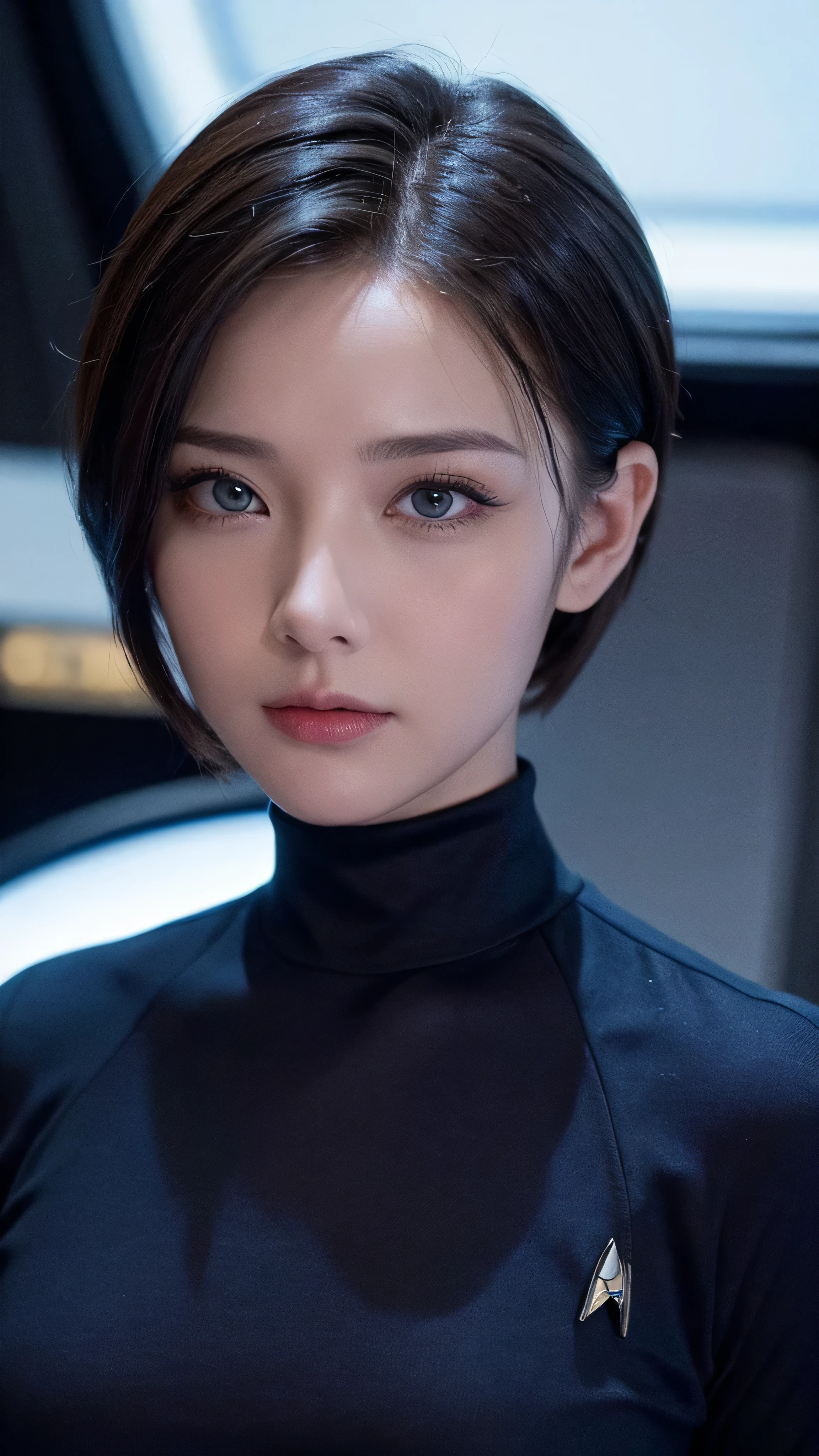  in high-definition images，Star Trek series 、 USS Enterprise onboard、Closeup of a beautiful woman with short hair in a suit 。 wearing a blue shirt and a black turtleneck t-shirt。,  Nicole man, Star Trek,  Character Portrait , Double Al Set,  Details, Award-winning ,  super real 