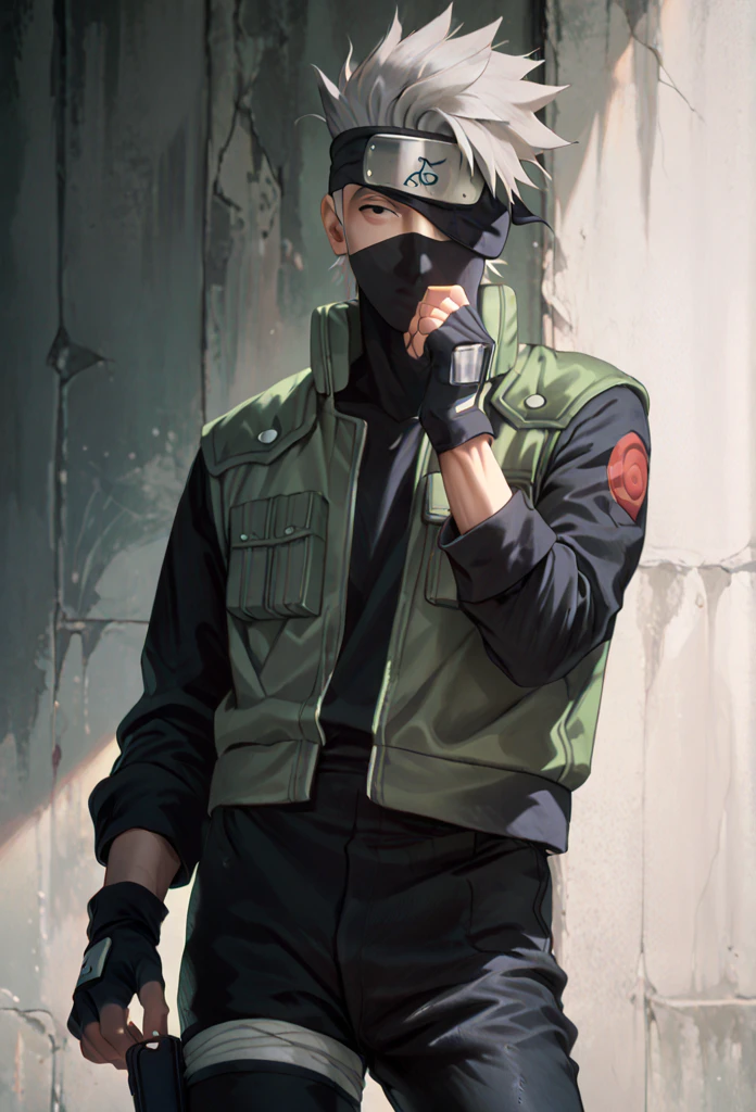 1boy, solo, kakashi, cowboy shot, black forehead protector covering his left eye, black ninja mask, grey hair, black eyes, green flak jacket, black shirt with red swirls, black pants, black armored fingerless gloves 