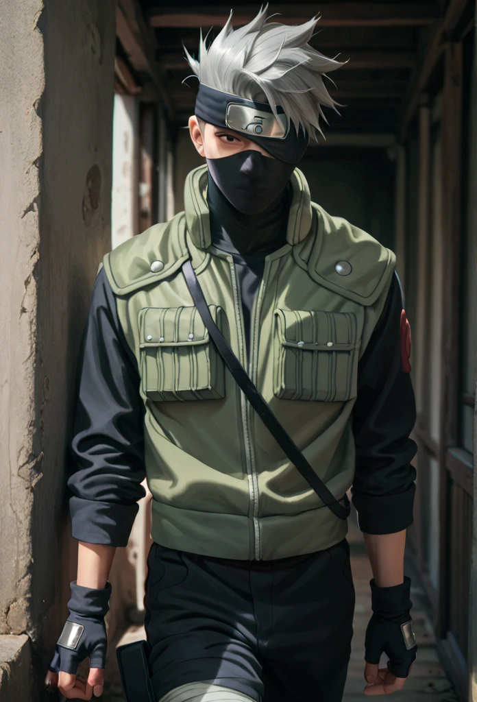 1boy, solo, kakashi, cowboy shot, black forehead protector covering his left eye, black ninja mask, grey hair, black eyes, green flak jacket, black shirt with red swirls, black pants, black armored fingerless gloves 