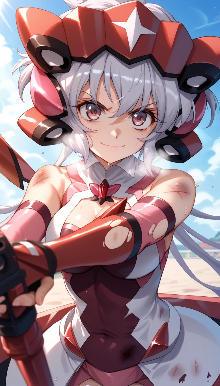  top quality ,  soft light during the cruise,  super high res,  cute, Beautiful face in every detail , high-resolution details of the texture of human skin holding a bowgun-shaped weapon, shiny skin,sweat,Heat, white breath ,smile, Yukine Chris,Gray Hair,, battle costume,Outdoor Arena,sunlight, serious eyes,Ready,Big eyes, Symphogear ,armed gear , is closing its mouth,Fighting pose,bruised body,I have a bow, wearing a hat, hair ornament, torn clothes 