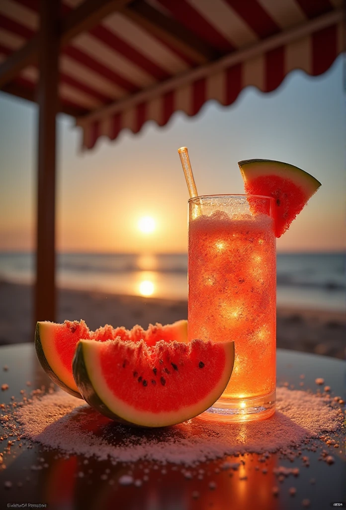 zwhfp717,Cut watermelon,next to the drink,the background is the beach,sunset,awning,