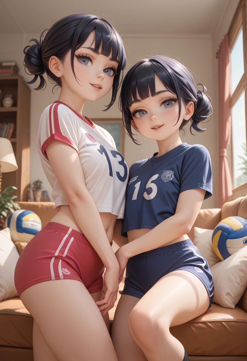 2 girls twins Cute sweet adorable and alluring young teen, Small little younger pre-teen short goth sister in her volleyball uniform from school at the living room relaxing 