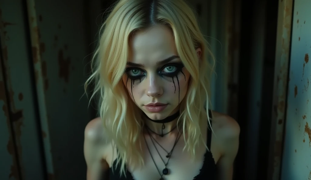 portrait, realistic, photography, of drug addicted tiny blonde young woman, looks like Emma Stone, Large interpupillary distance, white trash clothes gothic, Smokey Eyes, she is at home in his white trash trailer, her father shouts at her and raise his hand to give her a slap in the face 