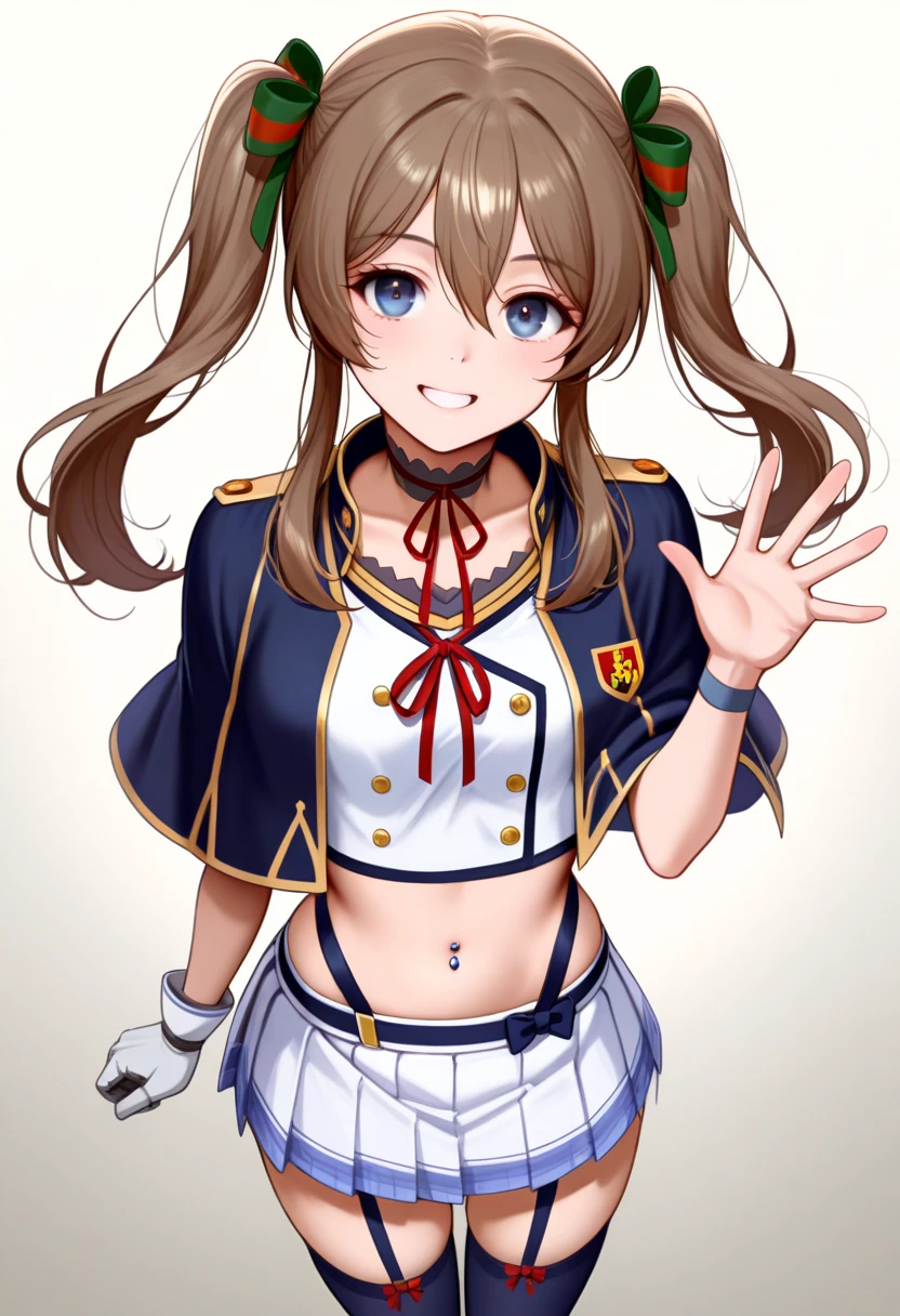 masterpiece, best quality, white background, grin,, looking the viewer, smile, waving hands,
 akwendy, brown hair, 1girl, twintails, long hair, blue eyes, school uniform, hair ribbon, hair between eyes, capelet, navel, crop top, red ribbon, pleated skirt, single glove, white skirt, choker, standing, navel piercing, stockings