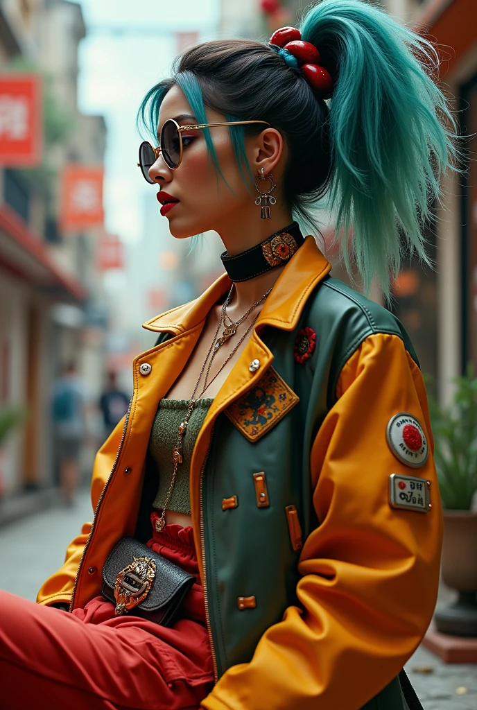 Score_PnyReal, A cinematic shot,  (realistic photo), BREAK cinematic, highly professional, high contrast, BREAK lo-fi, soft colors,(masterpiece, best illustration, extreme light and shadow), (1boy:.6), solo, (non binary:.8), (girl focus:.7), (mature:.9), transgender female, white hair, two tone hair, jacket, blue jacket, pink gloves, pink eyes, white hair, headband, white denim jeans, multicolored hair, blue headband, looking up, multicolored clothes, hair behind ear, (holding the transgender flag:2), long hair, green bodysuit, looking at viewer, open jacket, yellow jacket, arm up, multicolored bodysuit, goth eye liner, wristband, emo punk style, (punk:1.5), jewelry, depth of field, tattoos, (downtown minneapolis:2),, (best sunlight:.8), (lens flare:.9), (fantasy scene:1.3), (superhero:.4), (rogue of the x-men:1.2), wind swept hair, (conservative clothing:.3), (sidelighting), (volumetric lighting), , gradient overlay, lo-fidelity, chromatic abberation, film grain, masterwork portrait , specular highlights, side lighting, studio lighting, extreme light and shadow, cinematic lighting, natural lighting, 