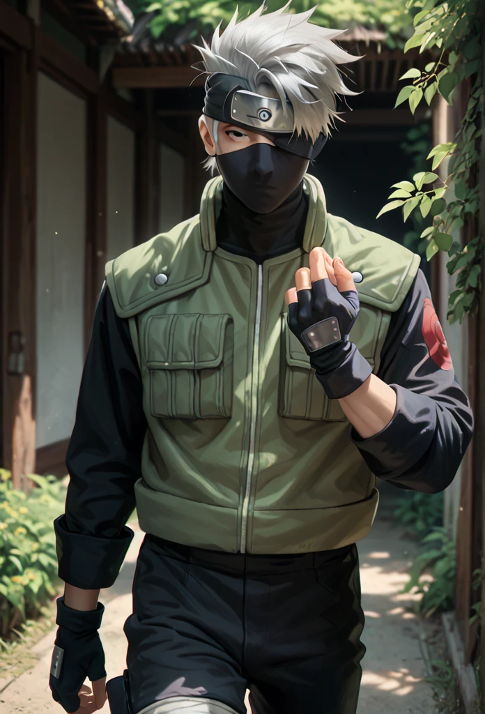 1boy, solo, kakashi, cowboy shot, black forehead protector covering his left eye, black ninja mask, grey hair, black eyes, green flak jacket, black shirt with red swirls, black pants, black armored fingerless gloves 