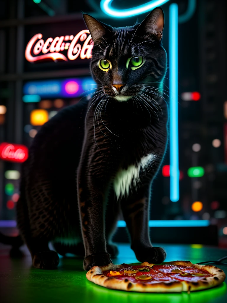 A close-up picture of a cat with Coca-Cola and pizza in the futuristic cyberpunk neon tron world, cyberpunk city landscape, detailed intricate architecture, glowing neon lights, studio lighting, moody atmosphere, cinematic composition, vivid colors, 8k, photorealistic, masterpiece, hyper detailed, intricate details