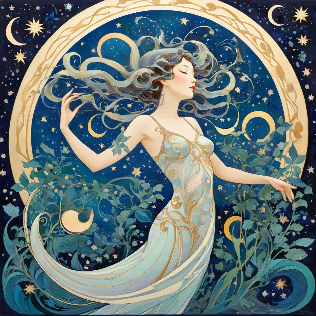 a woman with a crescent and stars in her hair, moon goddess, goddess of the moon, lunar goddess, portrait of a norse moon goddess, celestial goddess, goddess of the hunt and the moon, goddess art, beautiful depiction, cosmic goddess, goddess of space and time, by Rebecca Guay, the moon behind her, portrait of a cosmic goddess