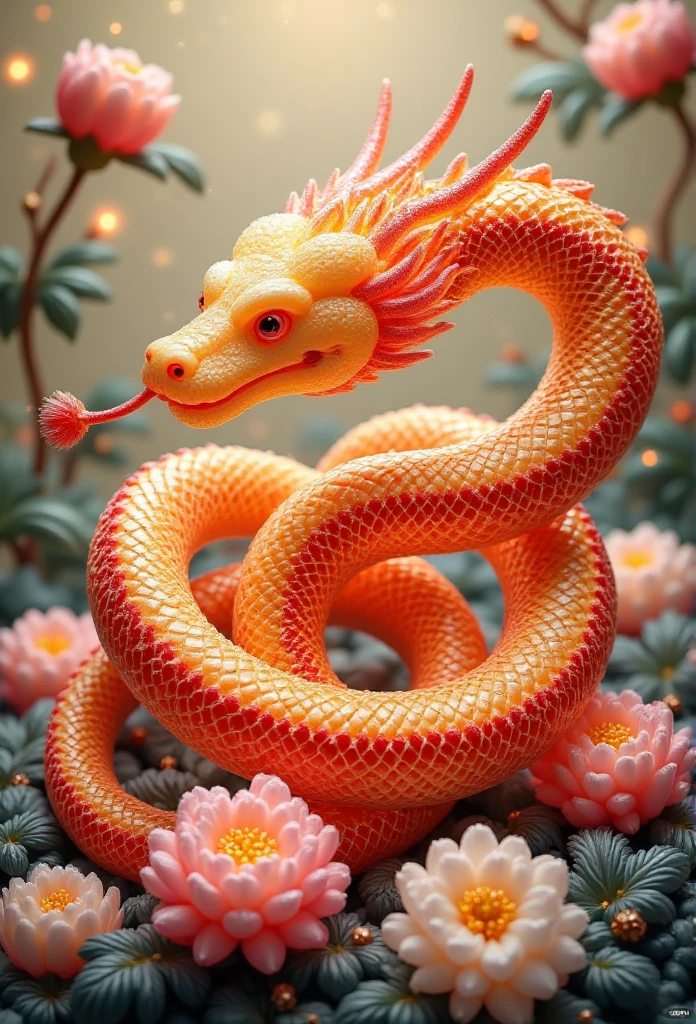 A Chinese snake,golden scales and dark red edges,coiled,surrounded by some peonies,the upper half of the picture is empty,