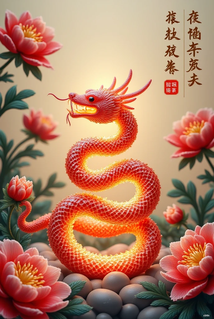 A Chinese snake,golden scales and dark red edges,coiled,surrounded by some peonies,the upper half of the picture is empty,