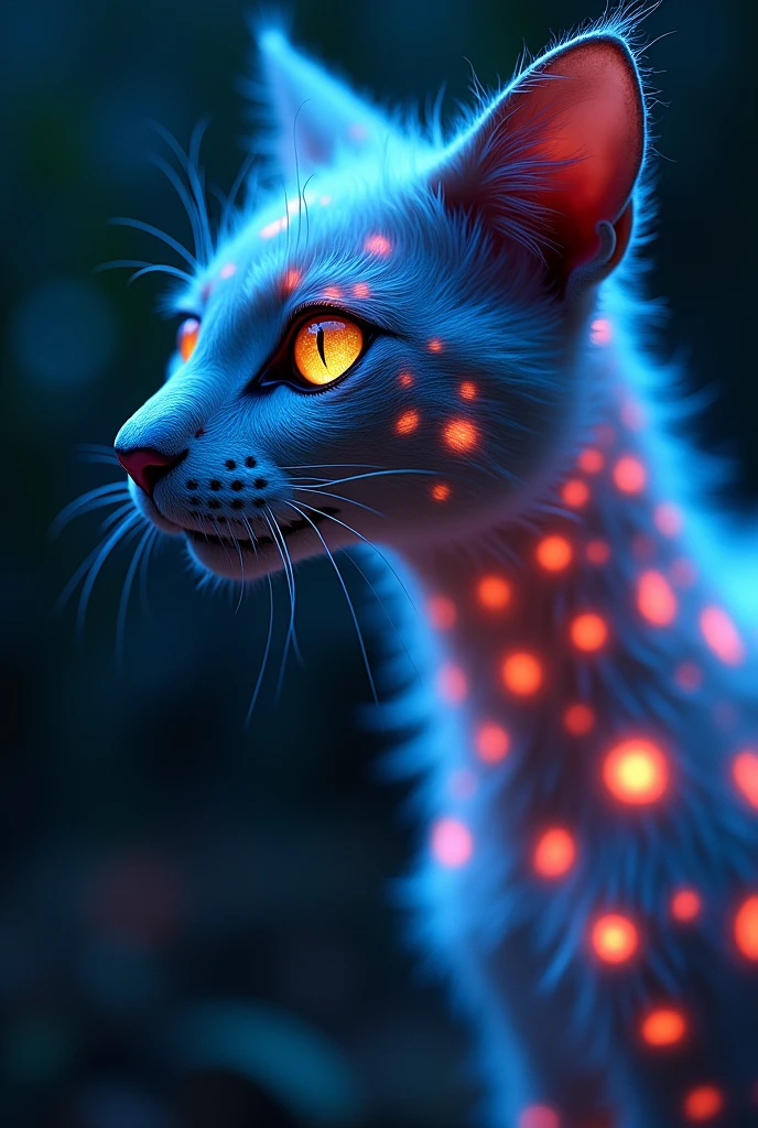 A close-up shot highlights Glowlion's glowing spots, which appear colorful and sparkly on his body