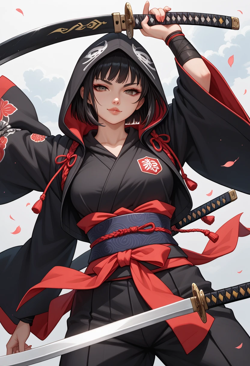 a woman in a black and white outfit holding a sword, she is holding a katana sword, holding a sword on her shoulder, katana, she is holding a sword, female action anime girl, unsheathing her katana, seductive anime girl, female samurai, artwork in the style of guweiz, female anime character, guweiz hoodie and sarashi 