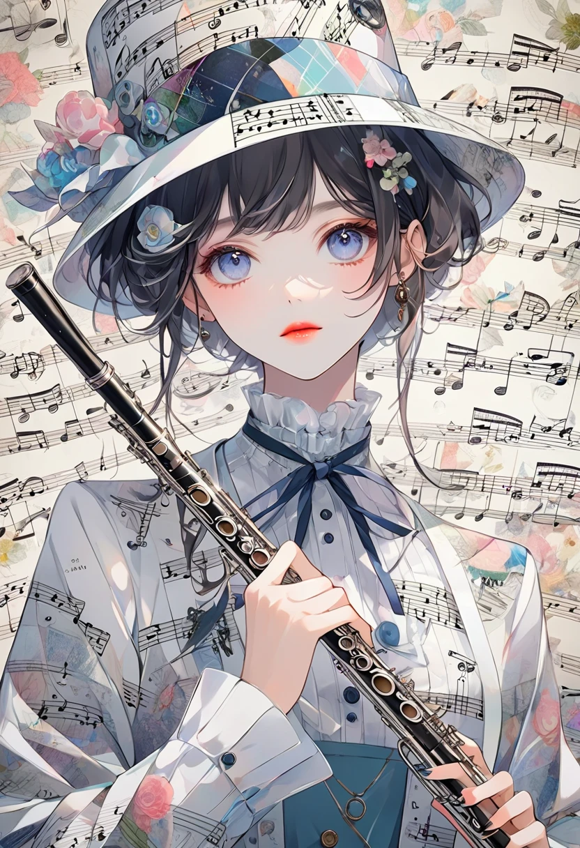 emotional photography with A ish trendy dandy woman, with a flute, hipster, with background made of decoupage music sheet pages, wearing a minimal trendy and whimsical outfit and smart hat, with a delicate 2D graphic design on his tight outfit; fujifilm, high details, emotional concept, math Fibonacci backdrop