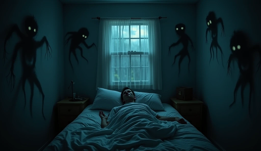 masterpiece,best quality, ultra detailed,highres,high-resolution,4k,4k portrait,8k,8k portrait,unity 8k wallpaper,extremely detailed CG,unity 8k wallpaper,realistic,RAW photo,real person, portrait photography,photorealistic,shiny skin,detailed skin,
In the bedroom at night, it's pitch black outside the window, and the room is dimly illuminated by the lights of the wall lights.A bed is placed a short distance from the lights. On the bed lies someone with a blanket, On the blanket there is a strange human-like creature with a beastly lookout, A creature with a long tongue and a dog's teeth. The bodies of the creatures are lit up with lights to reveal their eerie shapes,
((night:1.8)),(darkness:1.5), boogeyman, tentacles, creature, ((under bed:1.5)), horror, scary stories,