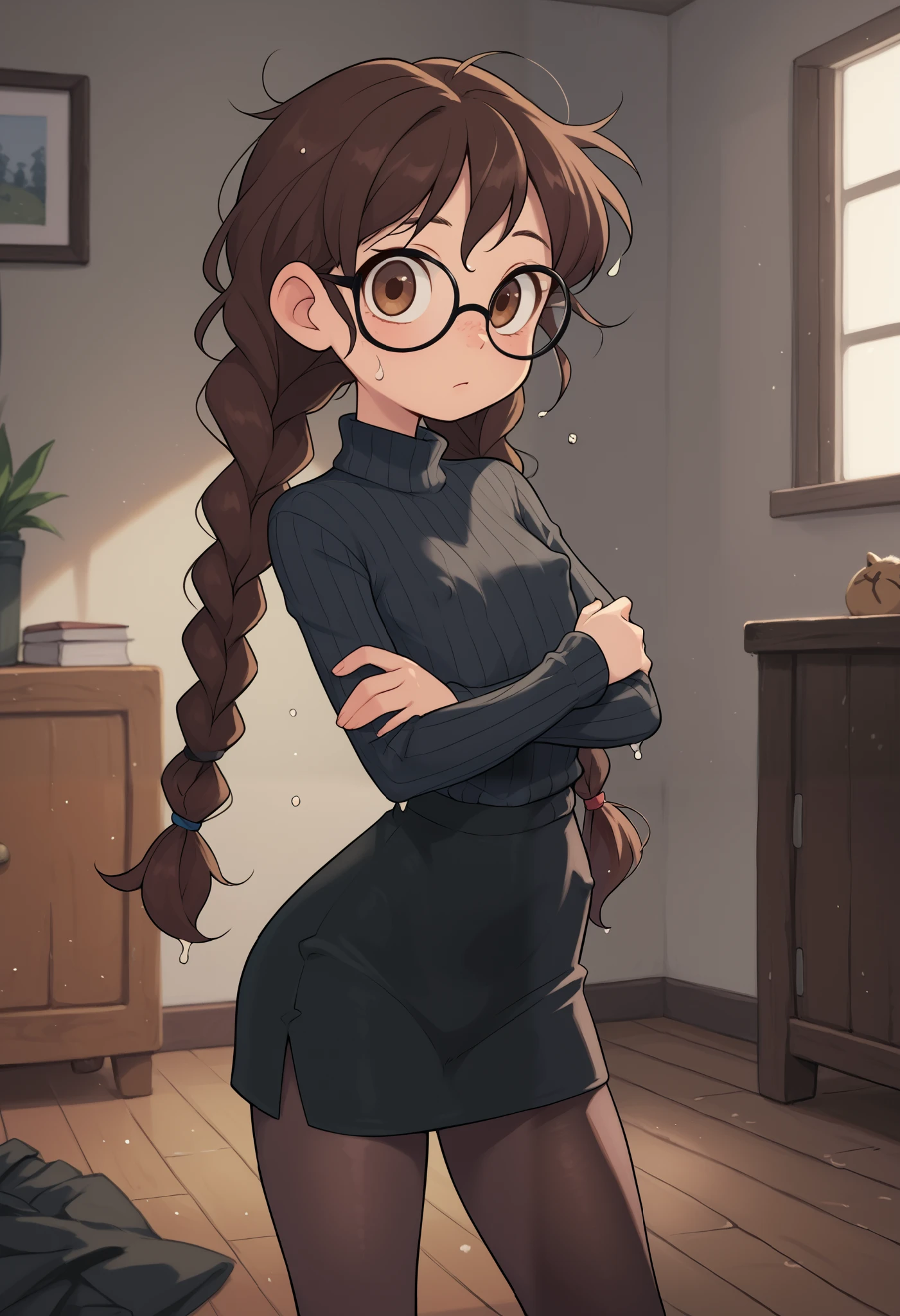  girl, young, (solo 0.6), dark brown hair, braids, twintails, messy braids, puffy hair, messy hair, very long hair, brown eyes, skinny body, slender body, thin waist, flat chest, indoors, (solid black sweater 0.9), black sweater, tight sweater, solid black skirt,  black clothing, medium length skirt, knee length skirt, black pantyhose, glasses, big eyes, (large erect nipple bulge) , cute, (tight shirt), indoors, holding arms out, wet hair, wet clothes, soaking wet, wet floor, arms crossed, looking at you