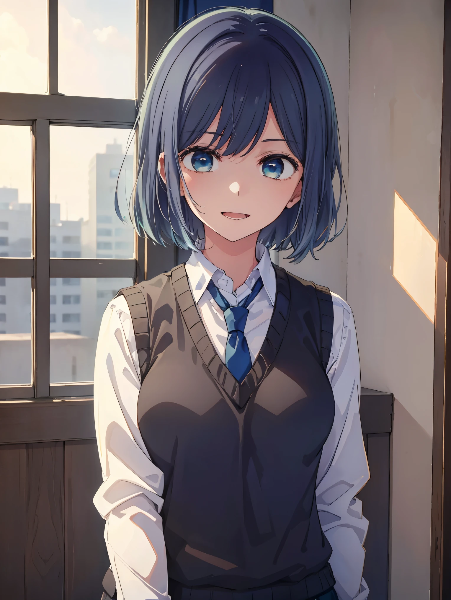  beautiful lighting arranged in an orderly manner,  1 girl, Alone, madder,  white shirt,  sweater vest,  Black Vest ,  blue tie, (( ANIME STYLE))、((2D))、Laugh