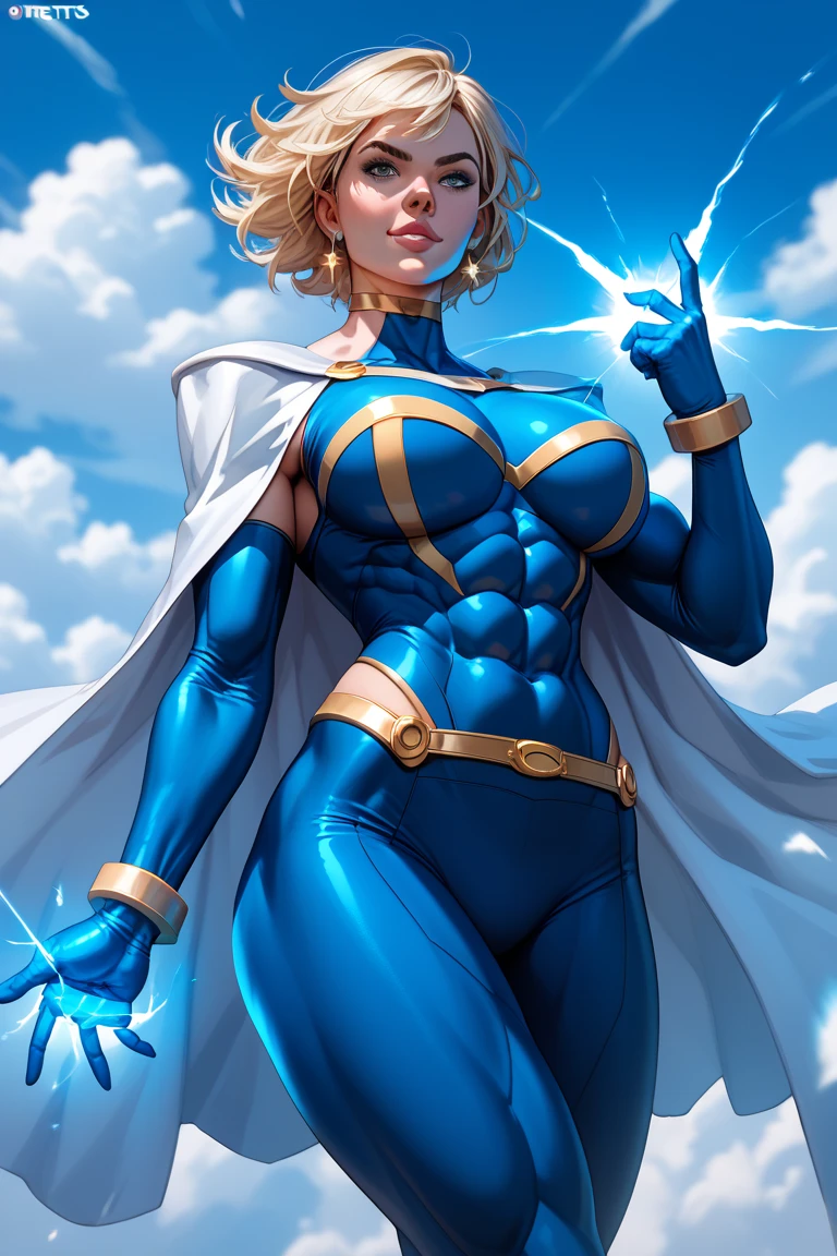 1 fille, superheroine,electric superpowers,flying in the clouds,electric hands,white cape,huge tits,thick thigts,strong and detailled abs,confident