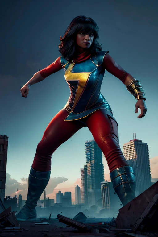 A heroic pose of Kamala Khan, cityscape in ruins, (best quality,8k,highres,masterpiece:1.2),ultra-detailed,(realistic,photorealistic,photo-realistic:1.37),superheroine,female superhero,powerful stance,dramatic lighting,rubble,destroyed buildings,sci-fi cityscape,dystopian environment,debris,smoke,cinematic composition,muted color palette,dramatic shadows,glowing energy aura,muscular physique,determined expression,flowing hair