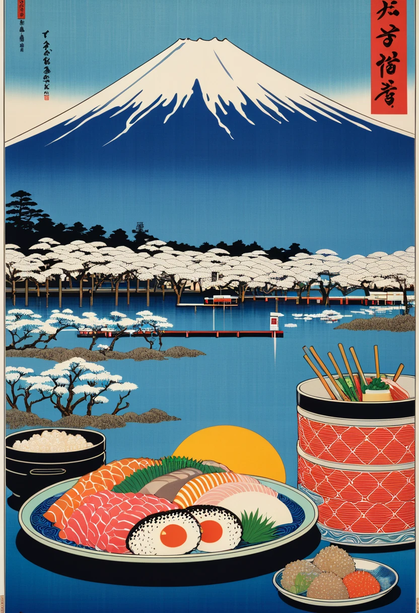  close up of a poster on a wall with food,   Japanese-style poster  , Japanese Posters, Tokyo inspired,  Travel Poster , Click to print , Tokyo, Tokyo japan, Inspired by Toshu Yoshida,  Ukiyo-e , Woven Art, vibrant tourism poster ,  Ukiyo-e , Mount Fuji, Illustrated poster