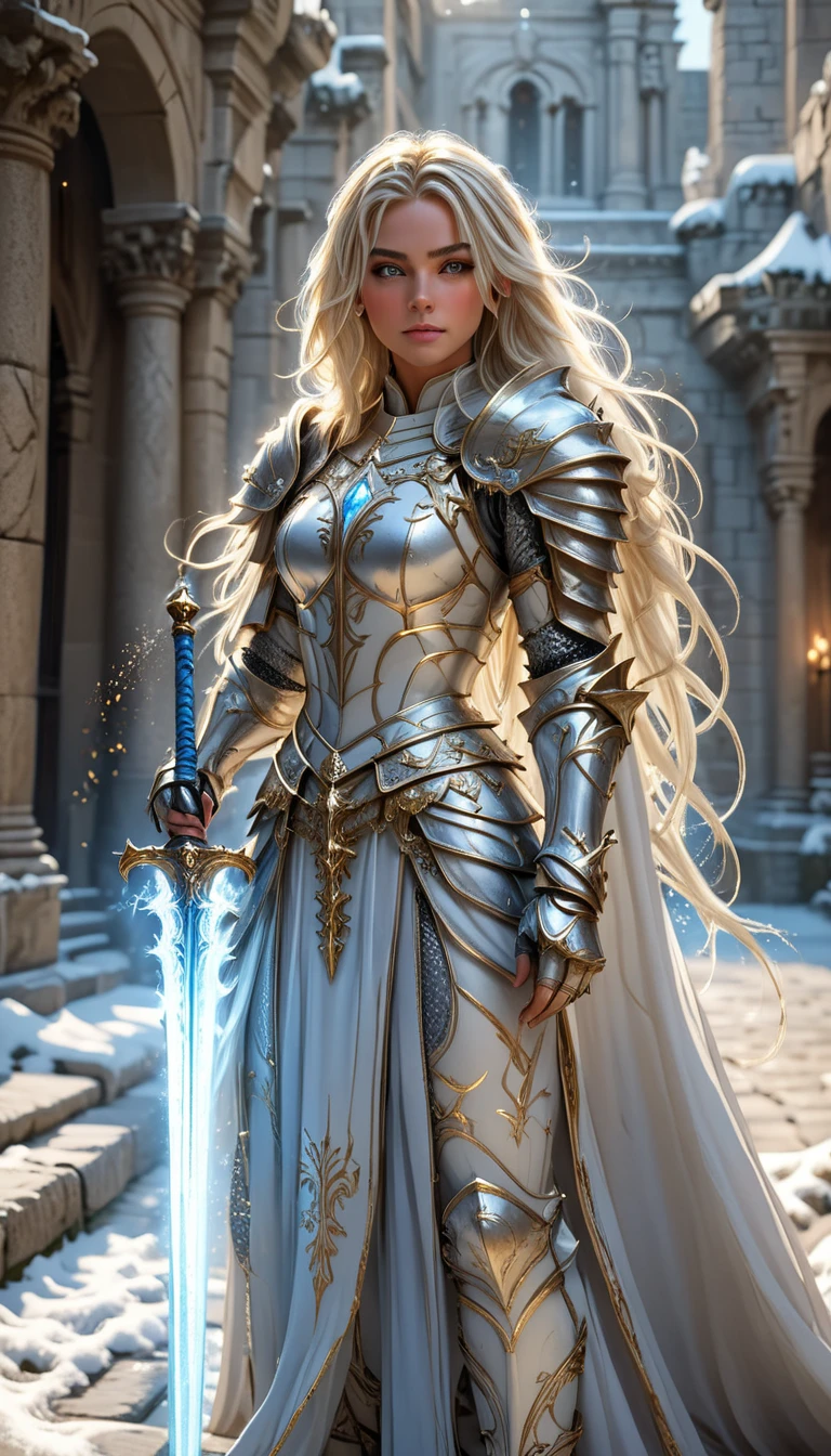 A cinematic, ultra-detailed, photorealistic depiction of a stunning female knight in ornate white and gold armor, standing in a commanding pose in a sunlit ancient stone courtyard. Her long, flowing platinum blonde hair cascades over her shoulders, glowing faintly in the soft light. She holds a glowing blue magical sword in her hand, which emanates a soft aura. The intricate armor features elegant filigree and embossed details, blending elegance with strength. The background includes weathered stone columns and scattered snow, adding a serene yet epic atmosphere. High detail, sharp focus, 8K resolution, realistic lighting, and dynamic composition, capturing her beauty and strength in a fantasy world.