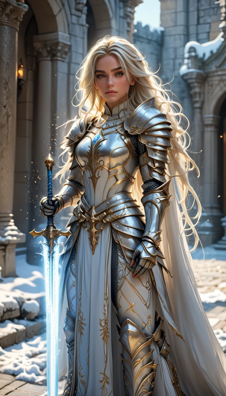 A cinematic, ultra-detailed, photorealistic depiction of a stunning female knight in ornate white and gold armor, standing in a commanding pose in a sunlit ancient stone courtyard. Her long, flowing platinum blonde hair cascades over her shoulders, glowing faintly in the soft light. She holds a glowing blue magical sword in her hand, which emanates a soft aura. The intricate armor features elegant filigree and embossed details, blending elegance with strength. The background includes weathered stone columns and scattered snow, adding a serene yet epic atmosphere. High detail, sharp focus, 8K resolution, realistic lighting, and dynamic composition, capturing her beauty and strength in a fantasy world.