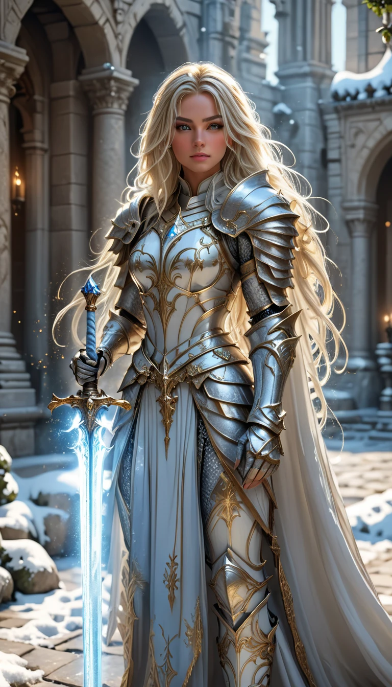 A cinematic, ultra-detailed, photorealistic depiction of a stunning female knight in ornate white and gold armor, standing in a commanding pose in a sunlit ancient stone courtyard. Her long, flowing platinum blonde hair cascades over her shoulders, glowing faintly in the soft light. She holds a glowing blue magical sword in her hand, which emanates a soft aura. The intricate armor features elegant filigree and embossed details, blending elegance with strength. The background includes weathered stone columns and scattered snow, adding a serene yet epic atmosphere. High detail, sharp focus, 8K resolution, realistic lighting, and dynamic composition, capturing her beauty and strength in a fantasy world.