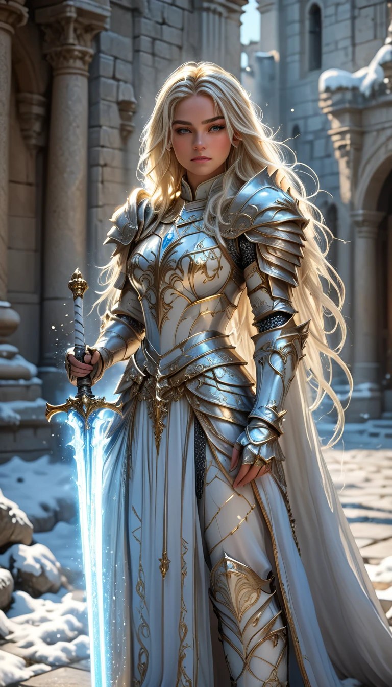 A cinematic, ultra-detailed, photorealistic depiction of a stunning female knight in ornate white and gold armor, standing in a commanding pose in a sunlit ancient stone courtyard. Her long, flowing platinum blonde hair cascades over her shoulders, glowing faintly in the soft light. She holds a glowing blue magical sword in her hand, which emanates a soft aura. The intricate armor features elegant filigree and embossed details, blending elegance with strength. The background includes weathered stone columns and scattered snow, adding a serene yet epic atmosphere. High detail, sharp focus, 8K resolution, realistic lighting, and dynamic composition, capturing her beauty and strength in a fantasy world.