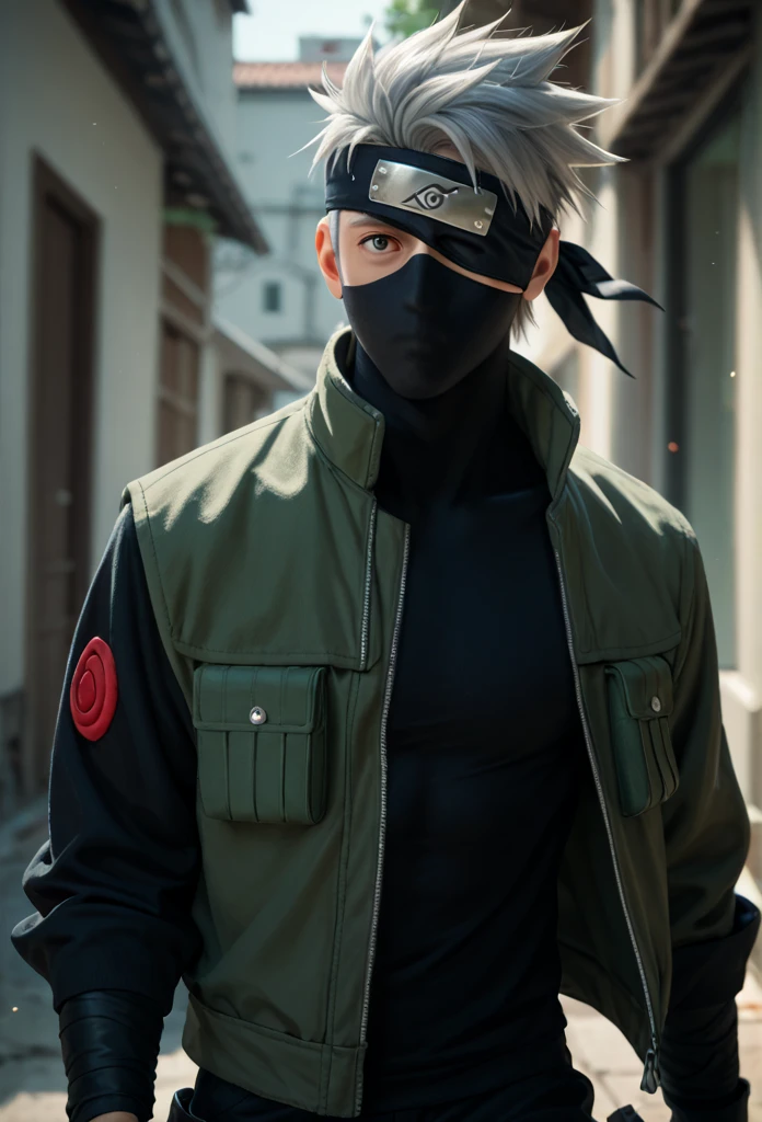 1boy, solo, kakashi, cowboy shot, black forehead protector covering his left eye, black ninja mask, grey hair, black eyes, green flak jacket, black shirt with red swirls, black pants, black armored fingerless gloves, black mask