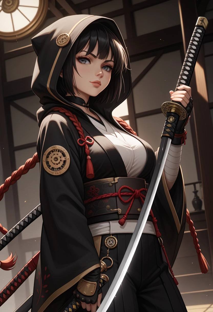 Artfully aesthetic, steampunk style samurai a woman in a black and white outfit holding a sword, she is holding a katana sword, holding a sword on her shoulder, katana, she is holding a sword, female action anime girl, unsheathing her katana, seductive anime girl, female samurai, artwork in the style of guweiz, female anime character, guweiz hoodie and sarashi 