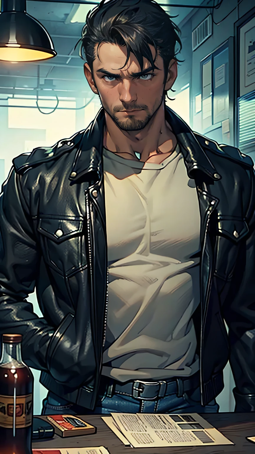 18 year old man, short blue hair, thin, Black trench coat, jeans, black t-shirt, he has days of beard. Cómic style. Marvel comics