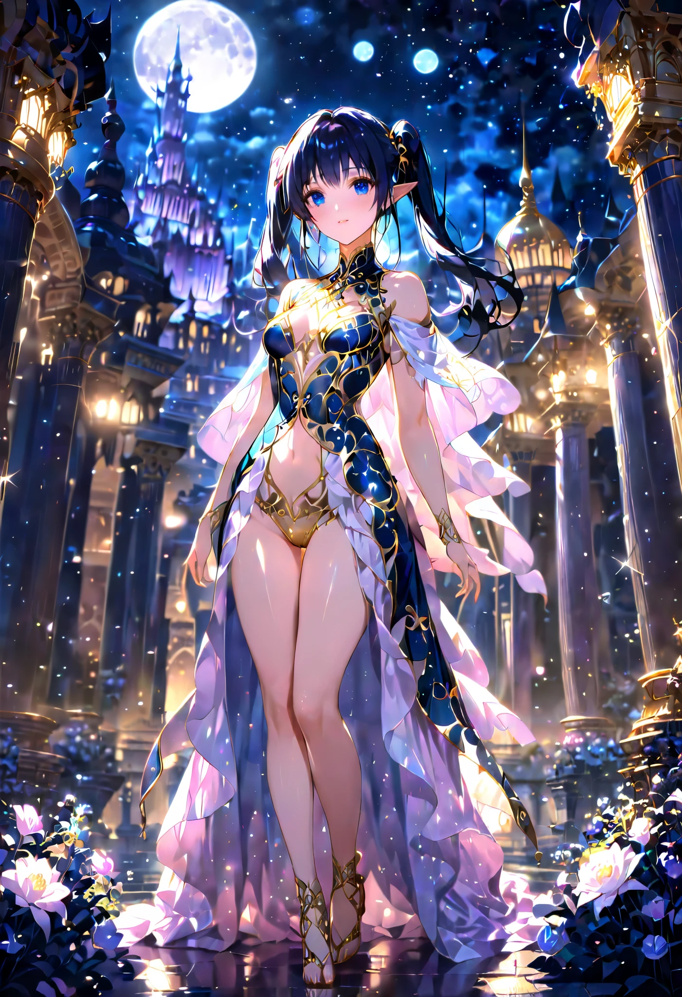 anime, elf, Dressed in the Bright Robe , gold patterns, bindings , Blue-black hair, with small pigtails, perfect anatomy, stately figure, Background Palace Chambers , Night, flowers, Shine, moonlight, moon, stars, Columns, masterpiece fails, complicated details, as much detail as possible , ultra details, better quality , 8 k, perfect, Excellent , wallpaper,