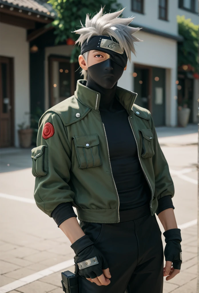 1boy, solo, kakashi, cowboy shot, black forehead protector covering his left eye, black ninja mask, grey hair, black eyes, green flak jacket, black shirt with red swirls, black pants, black armored fingerless gloves, black mask, outdoors