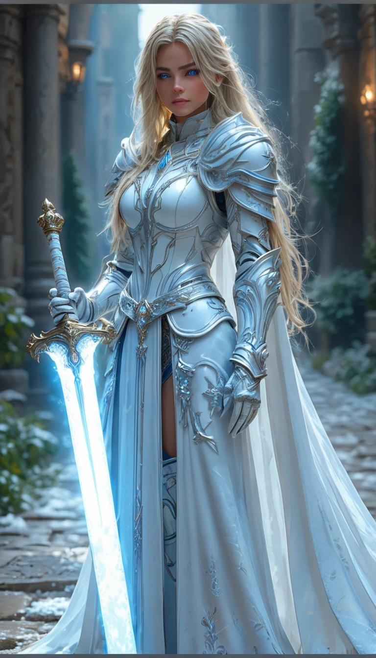 A cinematic, ultra-detailed, photorealistic depiction of a stunning female knight in ornate white and gold armor, standing in a commanding pose in a sunlit ancient stone courtyard. Her long, flowing platinum blonde hair cascades over her shoulders, glowing faintly in the soft light. She holds a glowing blue magical sword in her hand, which emanates a soft aura. The intricate armor features elegant filigree and embossed details, blending elegance with strength. The background includes weathered stone columns and scattered snow, adding a serene yet epic atmosphere. High detail, sharp focus, 8K resolution, realistic lighting, and dynamic composition, capturing her beauty and strength in a fantasy world