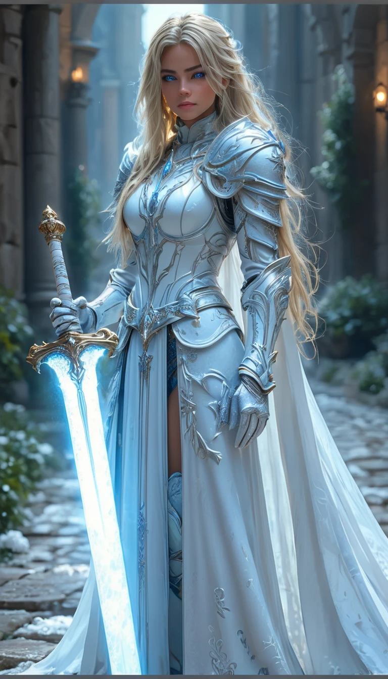 A cinematic, ultra-detailed, photorealistic depiction of a stunning female knight in ornate white and gold armor, standing in a commanding pose in a sunlit ancient stone courtyard. Her long, flowing platinum blonde hair cascades over her shoulders, glowing faintly in the soft light. She holds a glowing blue magical sword in her hand, which emanates a soft aura. The intricate armor features elegant filigree and embossed details, blending elegance with strength. The background includes weathered stone columns and scattered snow, adding a serene yet epic atmosphere. High detail, sharp focus, 8K resolution, realistic lighting, and dynamic composition, capturing her beauty and strength in a fantasy world