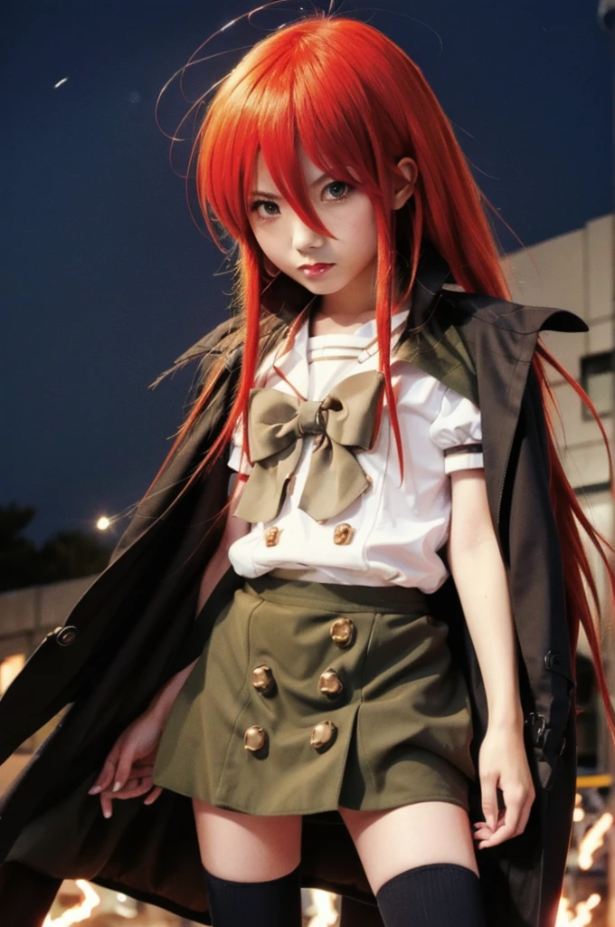 1 girl, cowboy shot, rubble ruins, anger, (battle preparation:1.2), (night:1.2),shana, red eyes, redhead, very long hair, (Ahoge:1.1),abandoned building,rubble serafuku, white shirt, short sleeve, green skirt, Thighhighs, Black Rider Suit,In his left hand he holds a Japanese sword ,While wiping your mouth with your right hand,highest quality, masterpiece, High resolution, black long coat,whole body