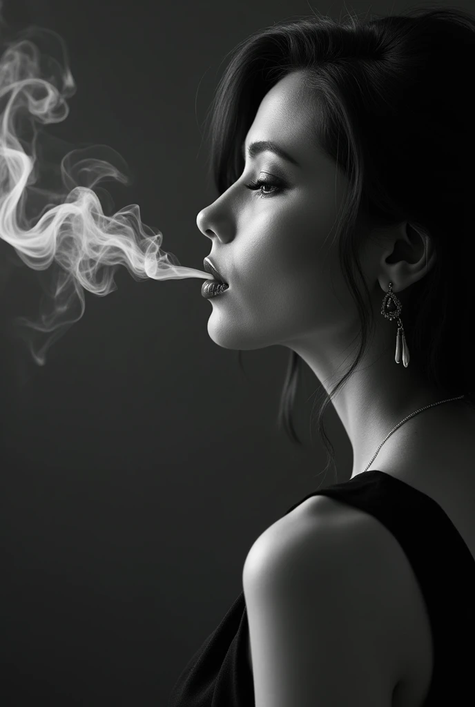 a photo realistic picture of a woman can be seen smoking a cigarette, in the style of monochromatic masterpieces, strong contrast between light and dark, dramatic lighting , in the style of silhouette photography , provide a variation of camera angels romantic emotivity