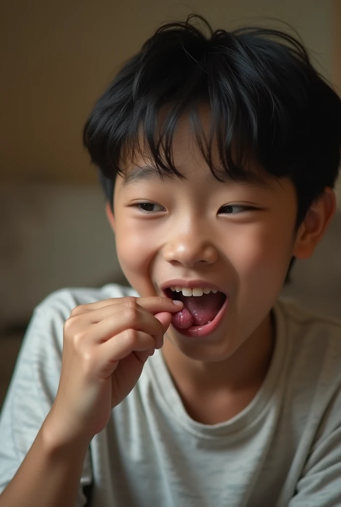 "Generate a close-up image of a young boy, approximately 5-6 , with large, deep brown eyes looking directly into the camera. His hair is straight, black, and cut in a bowl style, covering part of his forehead. The boy is wearing a light-colored button-up shirt with a geometric gray-and-white pattern. In his right hand, he is holding a black-and-green lanyard with a USB-type connector near his mouth, as if he is chewing or playing with it. His expression is innocent and curious. The background is indoors with household objects that are slightly out of focus—some clothing is visible on the left side, and a light-colored curtain is partially visible on the right. The lighting is soft, giving a natural, homey atmosphere."