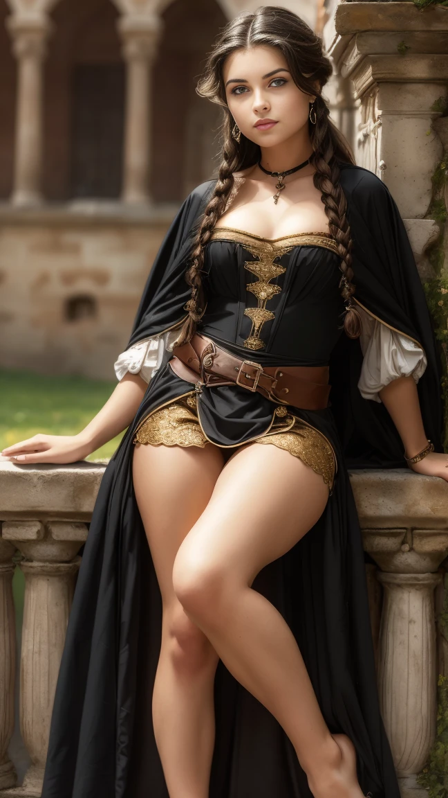 (( full body view)),((full body view)),((  high resolution)),(((im Stil von William-Adolphe Bouguereau))),((pale skin)), ((Seated sexy pose )),((wide sprayed legs)),( cameltoe),((Shows black , transparent pantie)),( freckles), ((Brunette ,  girl , with blue eyes, ( blushing cheeks), ( wavy hair)) , Smiling,  Save as fantasy warrior, Tight clothes  , revealing short black magician's robe,enchanted,magical,fairy tale, (Bottomless), sexy armor,sits,Spreads legs,Castle wall ,Runine, Middle Ages,Burg,Burghoff ,