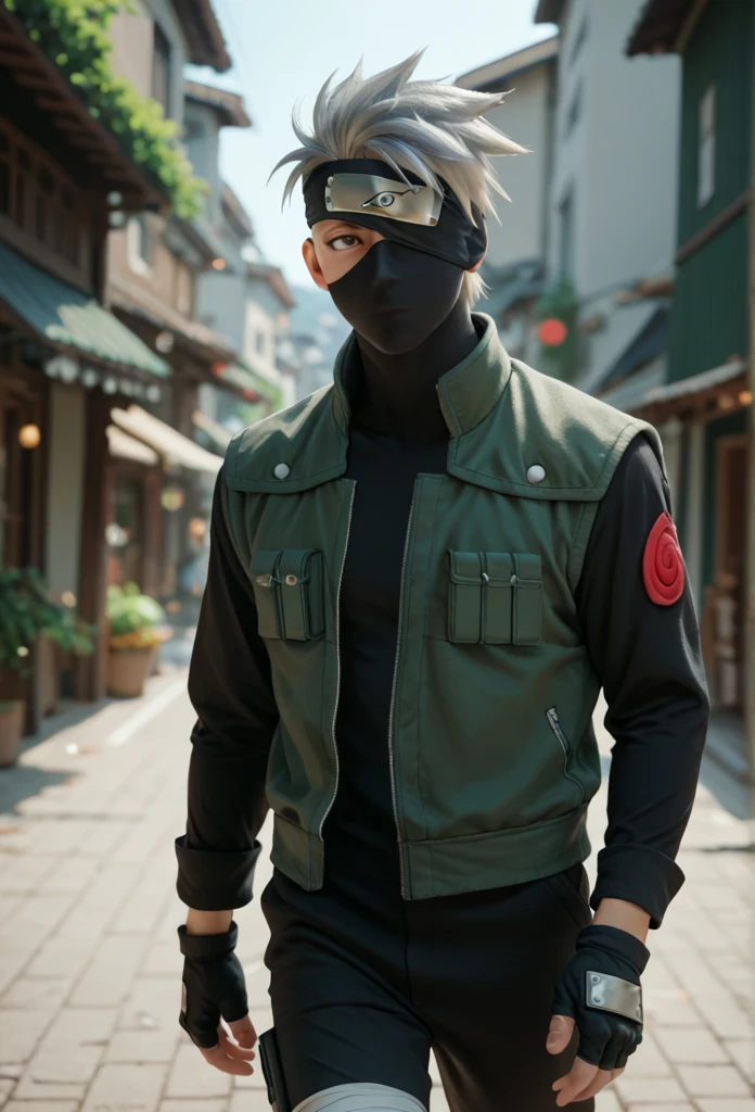 1boy, solo, kakashi, cowboy shot, black forehead protector covering his left eye, black ninja mask, grey hair, black eyes, green flak jacket, black shirt with red swirls, black pants, black armored fingerless gloves, black mask, outdoors