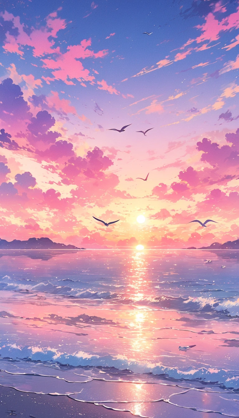 Japanese cartoon, Mare, the sunset, ​​clouds,Skysky, seagulls, Eau, Anime beautiful peaceful scene, beautiful anime scenes, anime backgrounds,  The most beautiful scene, Anime Sky