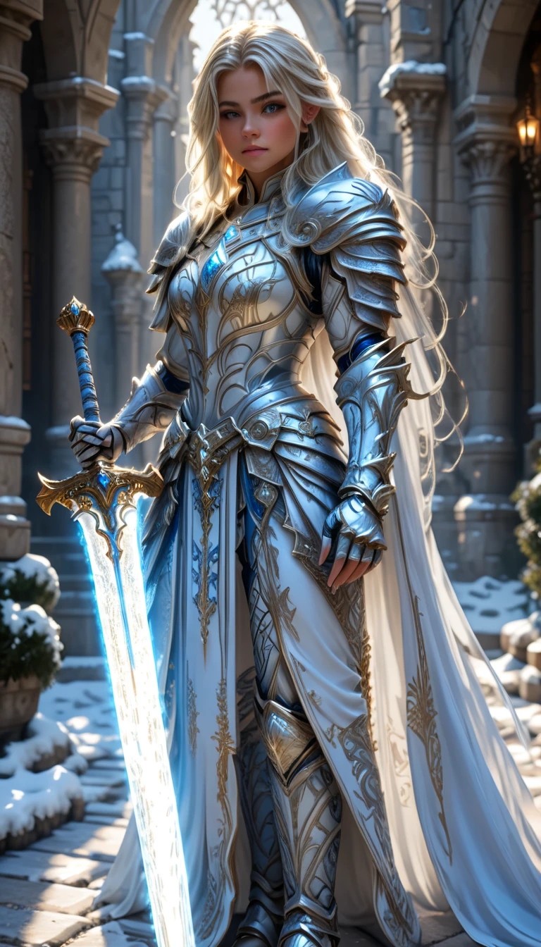 A cinematic, ultra-detailed, photorealistic depiction of a stunning female knight in ornate white and gold armor, standing in a commanding pose in a sunlit ancient stone courtyard. Her long, flowing platinum blonde hair cascades over her shoulders, glowing faintly in the soft light. She holds a glowing blue magical sword in her hand, which emanates a soft aura. The intricate armor features elegant filigree and embossed details, blending elegance with strength. The background includes weathered stone columns and scattered snow, adding a serene yet epic atmosphere. High detail, sharp focus, 8K resolution, realistic lighting, and dynamic composition, capturing her beauty and strength in a fantasy world