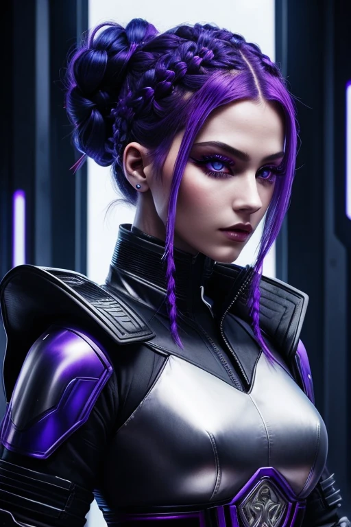   cyberpunk　red, and blue braids 　 black chignon hair ,  long eyeliner , purple eyes,  silver powered suit, blue lines , thick large hand cuffs ,round shoulder pads ,