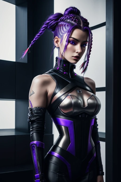   cyberpunk　red, and blue braids 　 black chignon hair ,  long eyeliner , purple eyes,  silver powered suit, blue lines , thick large hand cuffs ,round shoulder pads ,