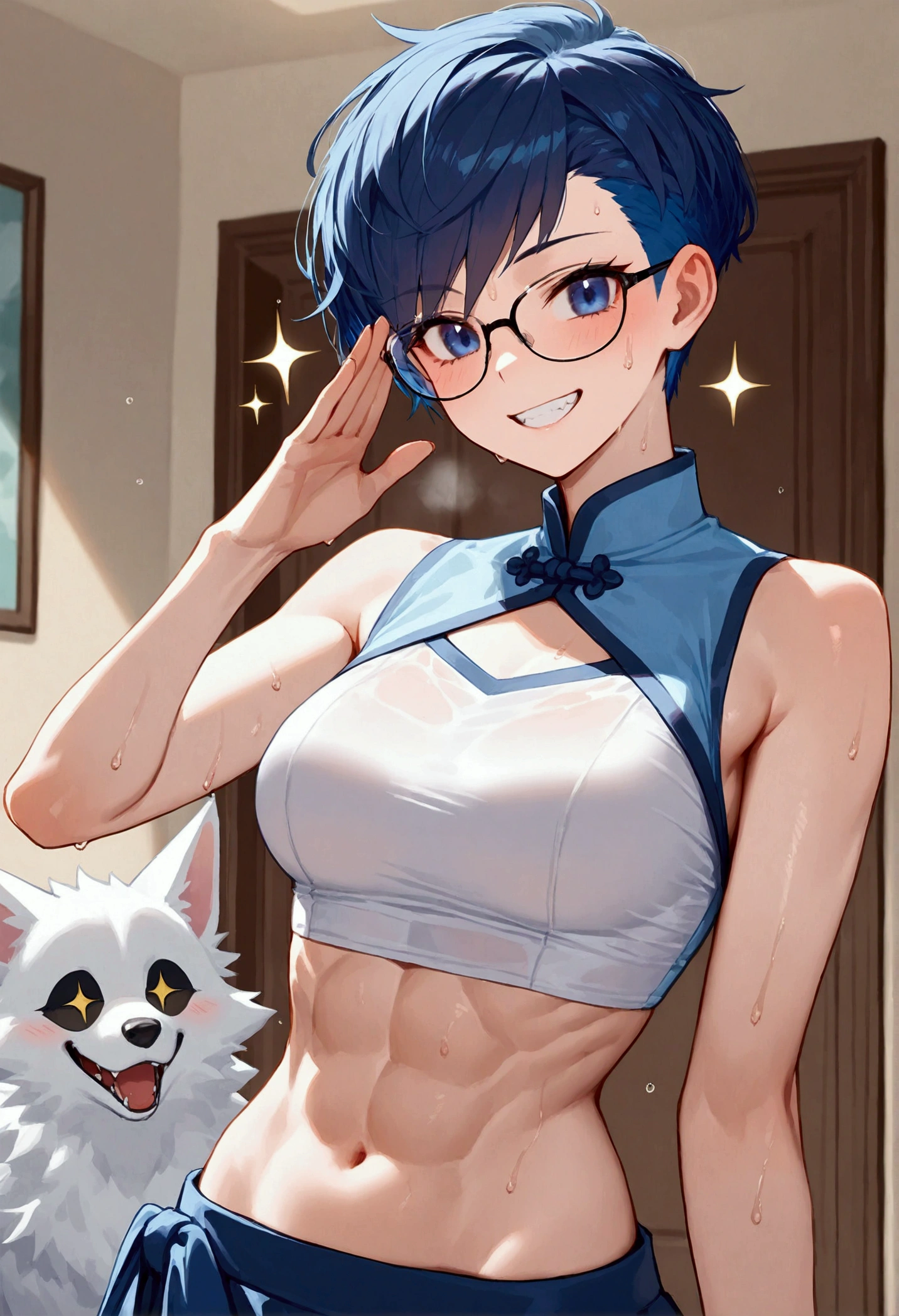 sweat,girl, (glasses),slender, Smiling happily but shyly , showing canine teeth, qipao outfit with a sleeveless top and skirt, Midriff bare. Ribs slightly prominent, Thin abs are faintly defined due to a thin layer of fat.,(blue hair:1.2), (blue eyes), (pixie cut:1.3), sparkling,(ultra detailed perfect piece:1.2), illustration, masterpiece, (extremely detailed CG 8k), (very fine 8K CG),