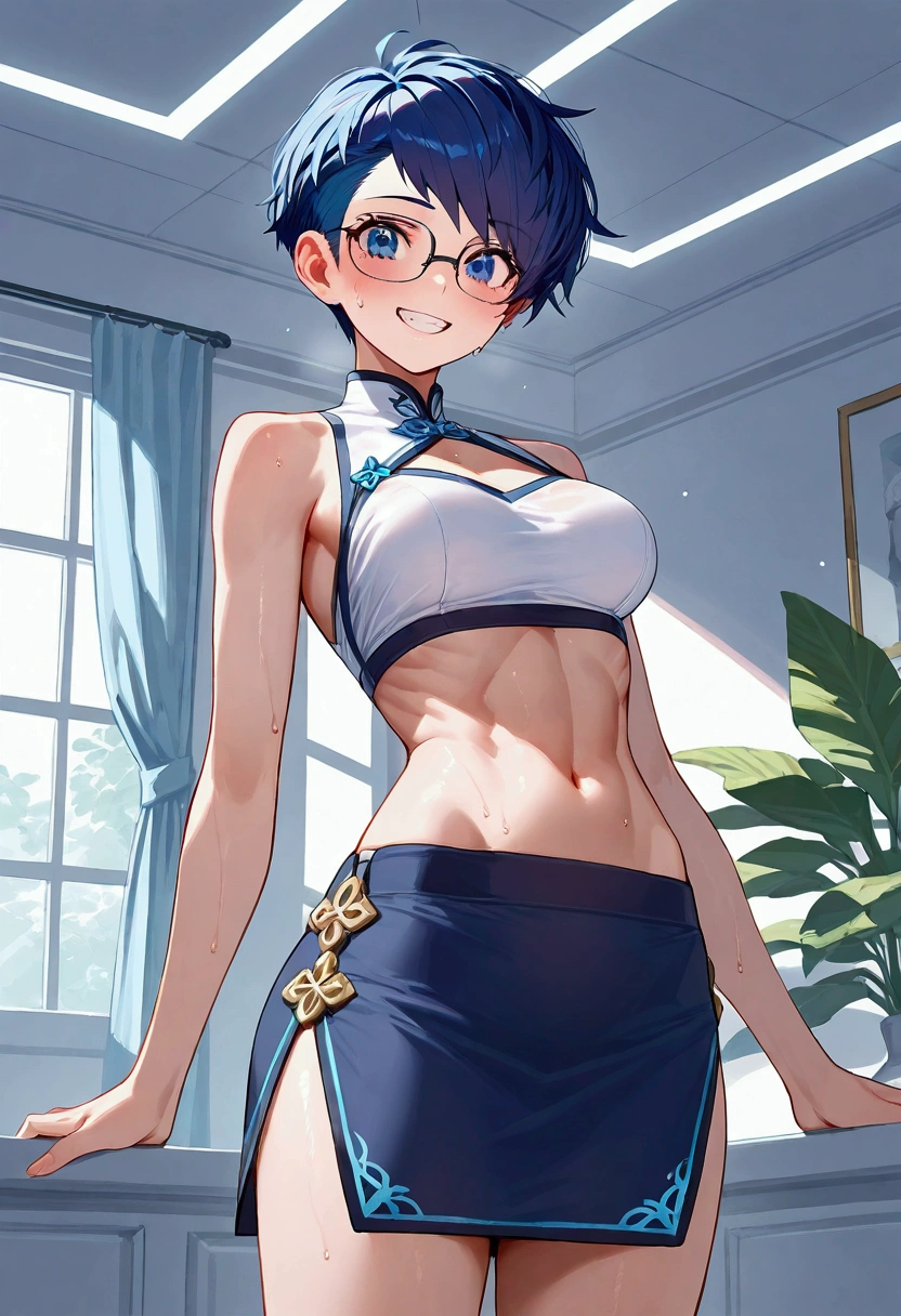 sweat,girl, (glasses),slender, Smiling happily but shyly , showing canine teeth, qipao outfit with a sleeveless top and skirt, Midriff bare. Ribs slightly prominent, Thin abs are faintly defined due to a thin layer of fat.,(blue hair:1.2), (blue eyes), (pixie cut:1.3), sparkling,(ultra detailed perfect piece:1.2), illustration, masterpiece, (extremely detailed CG 8k), (very fine 8K CG),