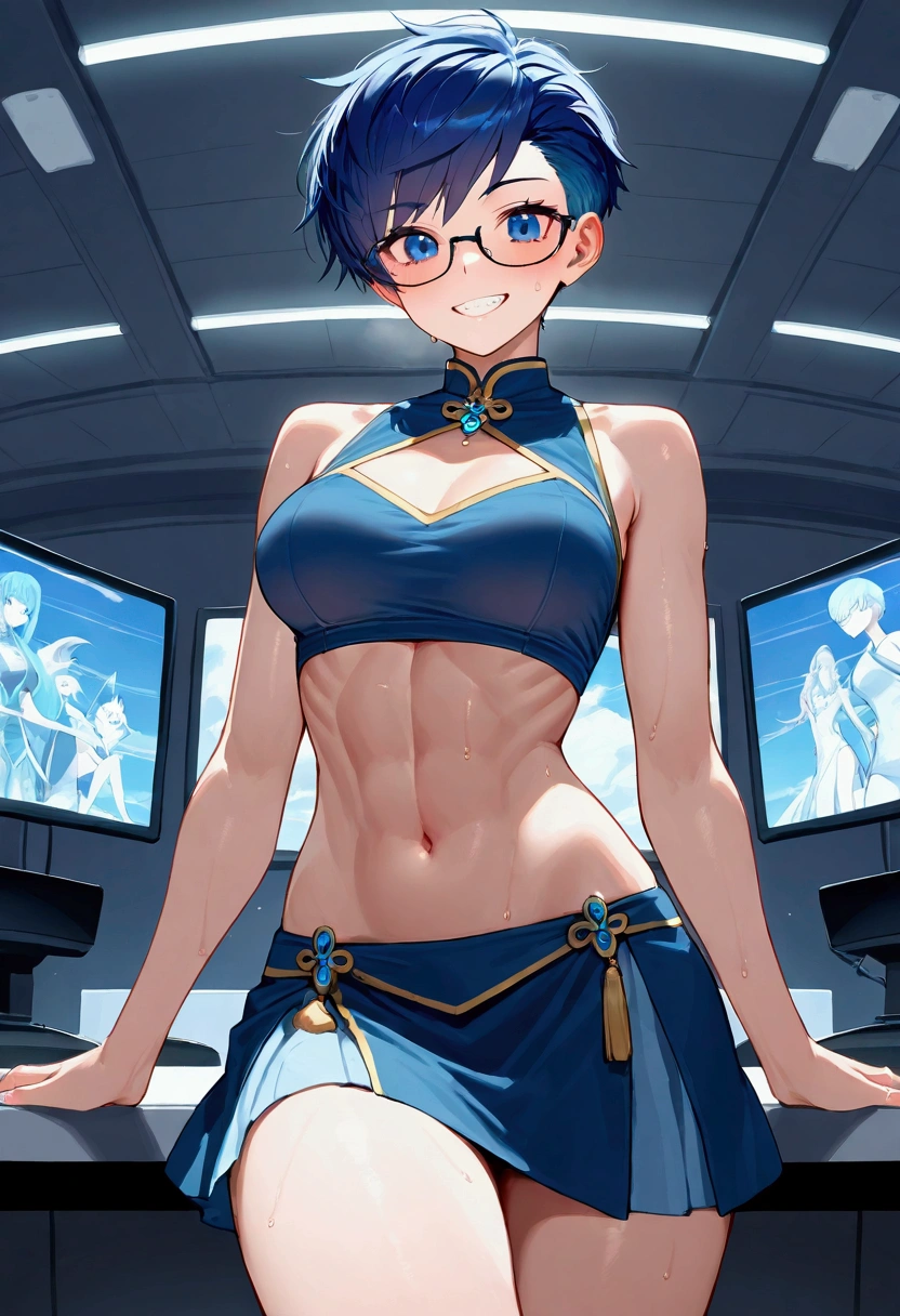 sweat,girl, (glasses),slender, Smiling happily but shyly , showing canine teeth, qipao outfit with a sleeveless top and skirt, Midriff bare. Ribs slightly prominent, Thin abs are faintly defined due to a thin layer of fat.,(blue hair:1.2), (blue eyes), (pixie cut:1.3), sparkling,(ultra detailed perfect piece:1.2), illustration, masterpiece, (extremely detailed CG 8k), (very fine 8K CG),