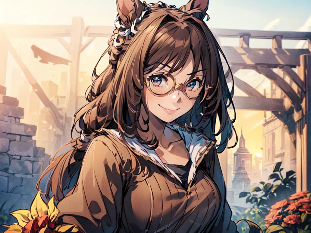 (Solo:2), (1 female:2), (Short fingers, short arms, short legs), (Horse ears), (Glasses mask), (Emphasis on chest), (Arms crossed), (Smiling, looking at camera), (Castle), (Red flower garden), (Sunset), (Focus on chest), (Carefully drawn, amazing artwork, best quality, high resolution, 8k, detailed, delicate),