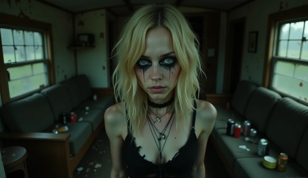 Portrait, realistic, photography of a frail, drug-addicted young blonde woman, resembling Emma Stone, with a large interpupillary distance. She has smokey eyes and wears gothic-style white trash clothing. She is inside a dimly lit, run-down white trash trailer with peeling wallpaper, a cracked window patched with duct tape, and a sagging couch with torn upholstery in the background. Empty beer cans, overflowing ashtrays, and fast food wrappers are scattered across the cluttered floor. She looks at her father with wide, fearful eyes, her expression frozen in terror. Her father, a rugged man in a stained shirt, shouts at her, his hand raised aggressively as if to slap her. The chaotic, oppressive atmosphere emphasizes the bleakness of her surroundings and the tension of the confrontation